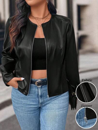 EMERY ROSE Chaqueta casual de manga larga con cremallera delantera en unicolor para tallas grandes