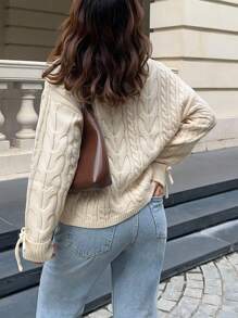 SHEIN Frenchy Women Solid Color Front Tie Cable Casual Versatile Long Sleeve Sweater