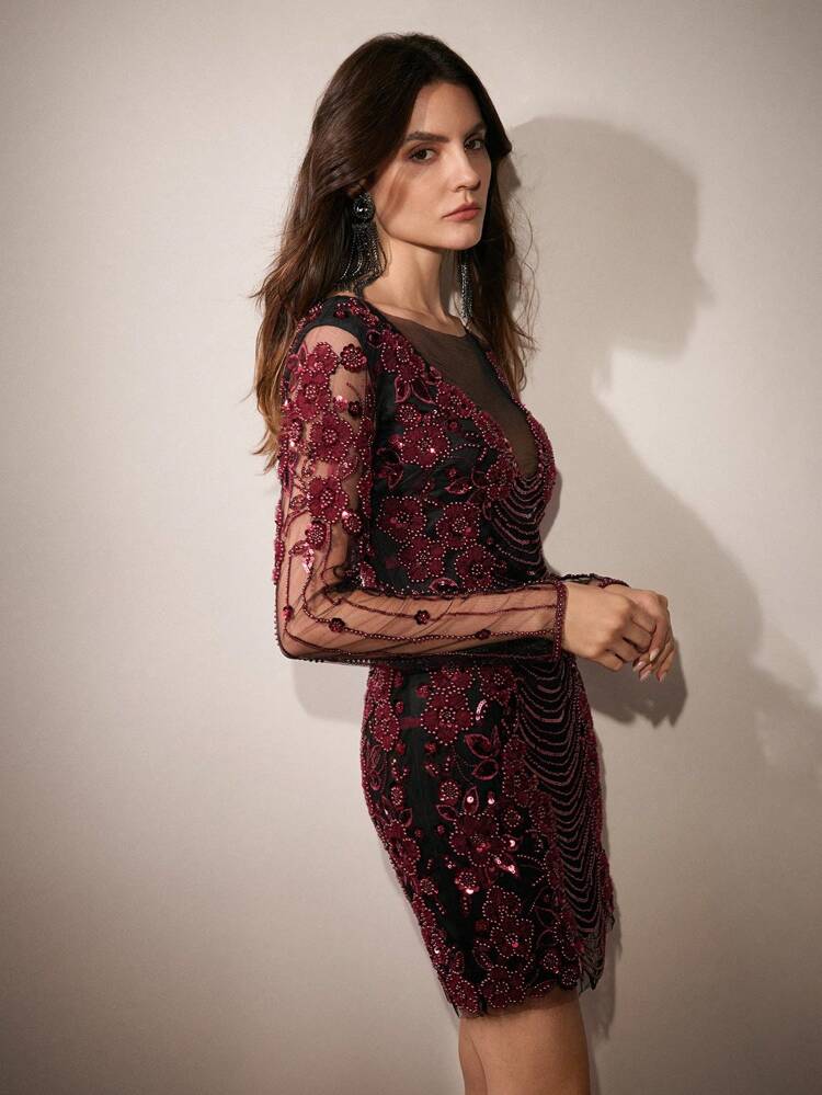 New Women Beaded Embellished Long Sleeve Dress