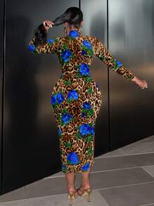 Slaydiva Elegant Minimalist Leopard & Rose Print Long Sleeve Round Neck Fitted Dress For Plus Size Women, Autumn/Winter