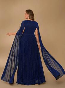 SHEIN Belle Vestido de noche elegante largo, color azul oscuro con talla grande, adornado con perlas falsas y piedras brillantes, de manga larga y con pliegues, para invitados de boda, graduación o cena - Azul - Ver 6
