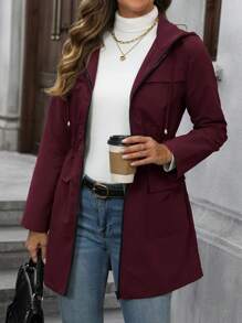 EMERY ROSE Chaqueta con capucha de longitud media con diseño de bolsillo y cintura entallada, informal, para otoño - Burdeos - Ver 5