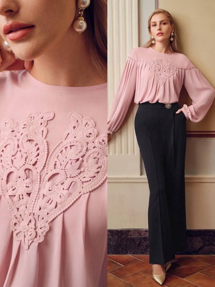 ZEYLAH SOLID GUIPURE LACE DETAIL FOLD PLEATED LANTERN SLEEVE BLOUSE