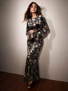 Anewsta Váy dài tay đuôi cá nhung in hoa hồng cho nữ Maxi Outfit - màu đen - Xem 4