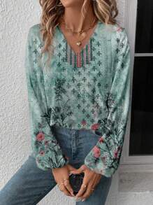SHEIN LUNE Casual Retro Geometrisch & Bloemig Gemengd Patroon Dames Blouse, Geschikt Voor Herfst/Winter