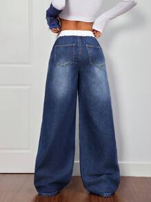 SHEIN PETITE PETITE Women's Casual Wide Leg Jeans With Dual Waistbands, Women Mom Jeans,Denim Jeans,Bootcut Women Jeans,Low Rise Baggy Jeans,Cold Weather Clothes,Winter Women Pants,Thanksgiving Outfit,Petite Baggy Jeans - Dark Wash - View 2