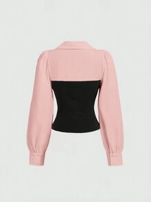 SHEIN MOD 女士优雅撞色下摆开衩修身二合一衬衫，春秋 - 淺粉色 - 查看 2