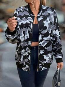 SHEIN LUNE Plus Size Front Zipper Long Sleeve Casual Camouflage Jacket, Suitable For Outdoor Wear - Multicolor - View 4