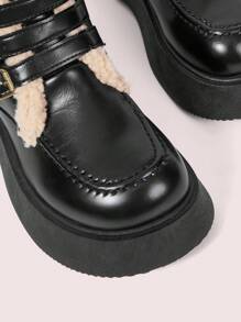 CUCCOO DOLLMOD European And American Style Black Fuzzy Cuff Warm Leather Boots With Chunky Heel And Platform, Ankle And Short Length Gothic Boots For Women For Christmas And New Year Holiday
