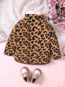 SHEIN Manteau d'extérieur en fourrure à imprimé léopard pour jeune fille, automne/hiver, décontracté, adorable, col montant, fermeture éclair, fausse poche - Tabac - Voir 2