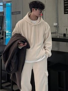 DAZY Men's Casual Solid Color Corduroy Drop Shoulder Relaxed Fit Kangaroo Pocket Drawstring Hoodie & Cargo Pants Set - Grey - View 6
