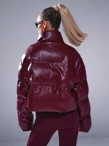 Musera Sport 高领超大款亮面绗缝外套，适合板式网球、网球、匹克球运动 - 紅色 - 查看 3