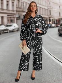 EMERY ROSE Plus Size Front Button Closure Full Print Elegant Jumpsuit,Winter Clothes For Women - Black and White - View 6