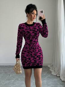 Elenzga Women's Casual Chic Leopard Print Backless Bodycon Dress, Autumn & Winter Fall Cloth For Women - Purple - View 5