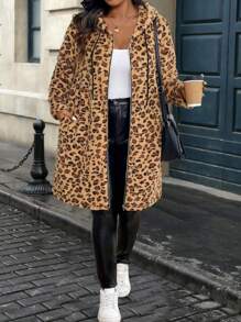 SHEIN LUNE Plus Size Women Leopard Print Hooded Warm Casual Jacket For Winter - Brown - View 4