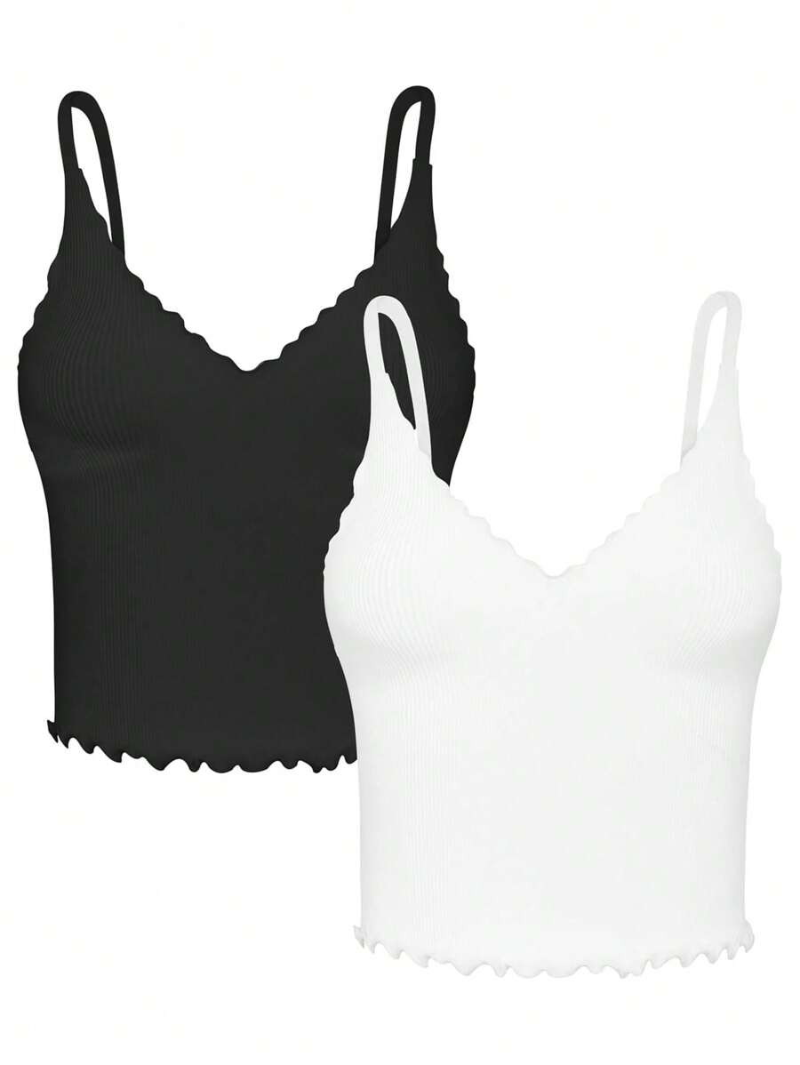 Easithlete Plus Size Seamless Ruffled Black & White Sports Camisole