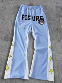 SHEIN Tween Boy Cartoon Print Side Spliced Flared Casual Sweatpants - Baby Blue - View 1