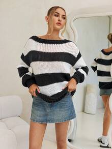 Forever 21 女士休闲宽松落肩条纹针织毛衣，适合秋冬季日常穿着 - 黑與白 - 查看 6