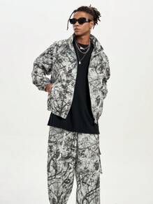 AXEPEAK Men's Digital Print Loose Fit Long Sleeve Jacket & Outerwear, Green Street Wear Graphic Rapper Lightweight Jacket, For Friends, Husband, Boyfriend Gifts, For Fall Winter