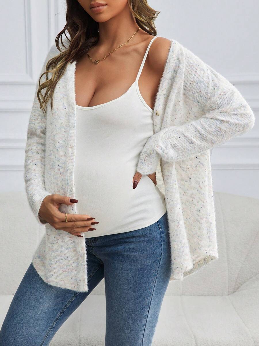 SHEIN Maternity Button Up Ribbed Knit Drop Shoulder, Drop Shoulder Top - Red - View 1