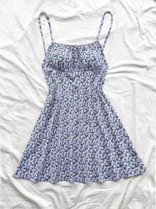 Soleia Plus Size Women's Boho Romantic Sweet Vintage Ditsy Floral Spaghetti Strap Open Back Dress, Back To School/Graduation Party/Holiday/Casual Wear, For Summer
