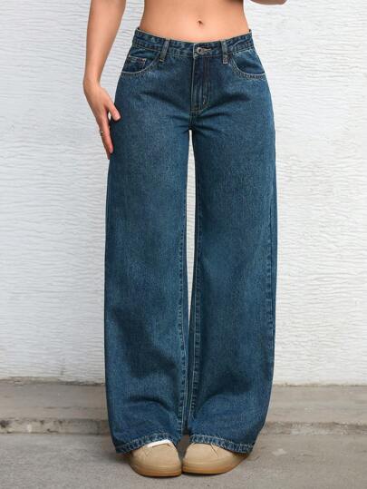 SHEIN x Ludmilla SHEIN ICON Pantalones vaqueros de pierna ancha de unicolor, de bolsillo, informales y versátiles