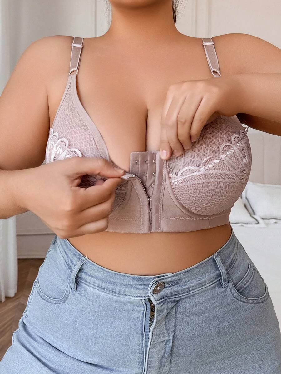 1pc Plus Size Lace Patchwork Underwire Padded Brassiere Front Closure Bra - Apricot - View 1