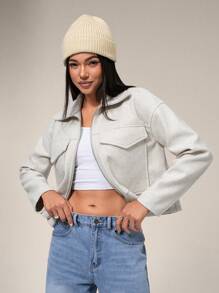 Forever 21 女士休闲翻领拉链口袋蝙蝠袖夹克，适合秋季外出 - 米色 - 查看 1
