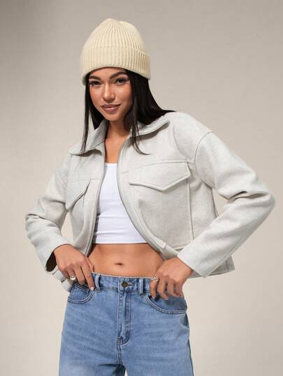 Forever 21 Women Casual Lapel Zipper Pockets Batwing Jacket, Suitable For Outings In Autumn