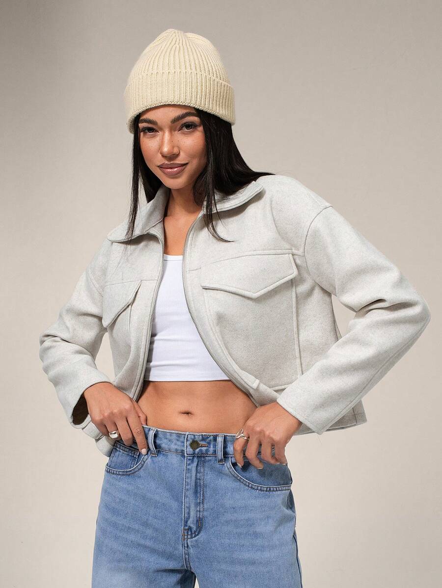 Forever 21 女士休闲翻领拉链口袋蝙蝠袖夹克,适合秋季外出 - 米色 - 查看 1