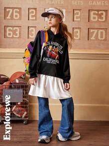 SHEIN 1件少女可爱宽松拼接下摆卫衣，休闲街头风，适合日常和户外活动 - 彩色 - 查看 7