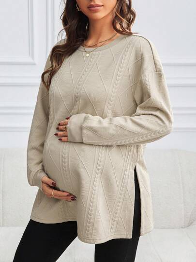 SHEIN Pregnant Women Plain Round Neck Long Sleeve Casual Sweatshirt, Minimalist Design For Everyday Wear, For Maternity, For Winter
