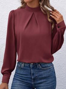 SHEIN LUNE Blusa de manga larga elegante con cuello alto y pliegues en unicolor, para la oficina. Blusas de manga larga. - Color caoba - Ver 4