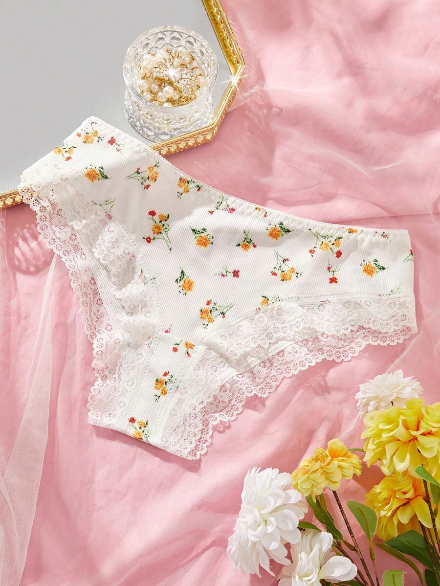 Braguitas triangulares acanaladas con ribete de encaje en contraste y flores pequeñas para adolescentes