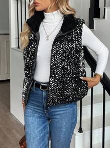 SHEIN LUNE Winter Clothes For Women,Velvet Embroidered Casual Party Vest Quilted Padded Black Jacket Coat - Black - View 7