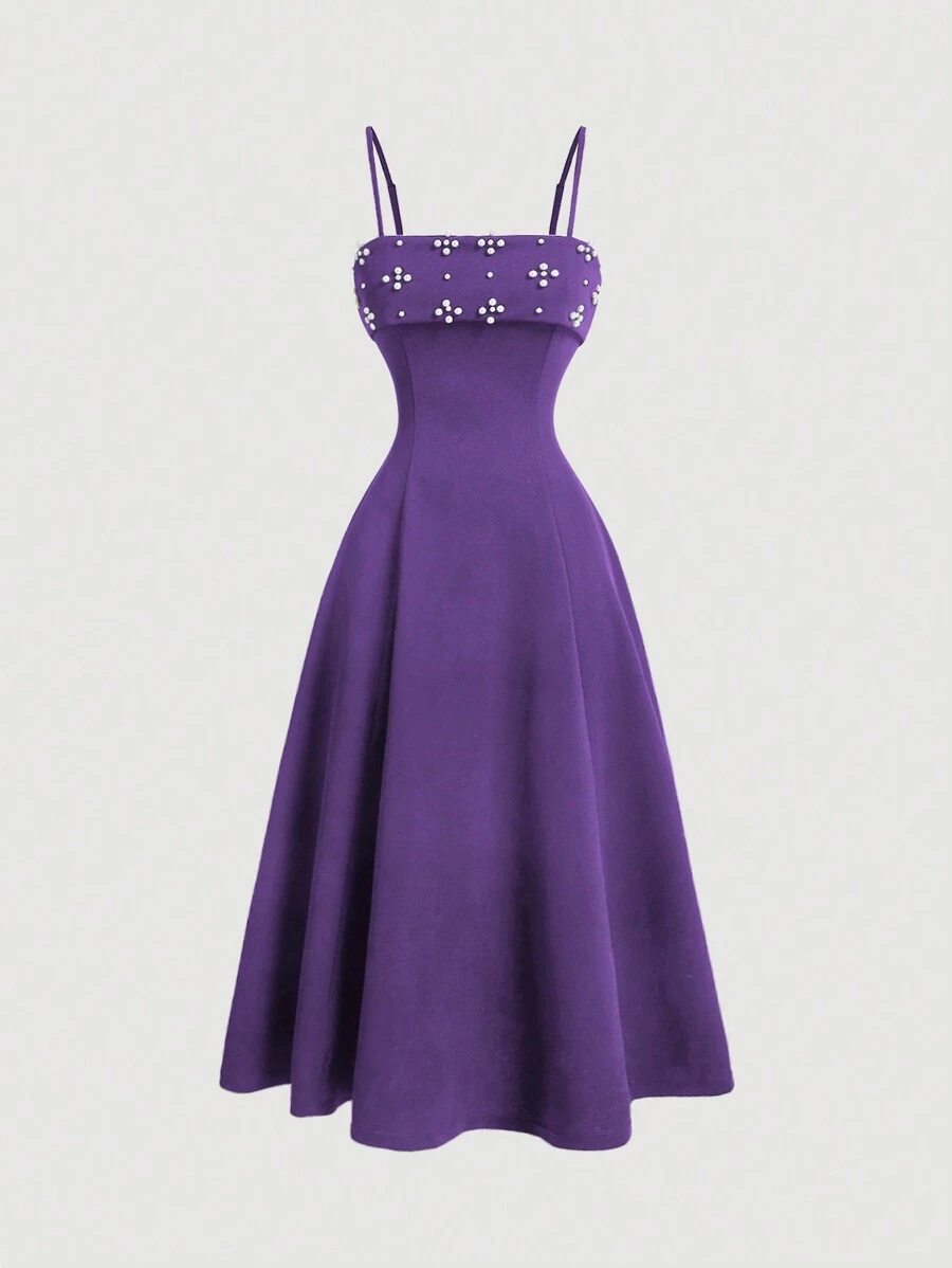 SHEIN MOD Robe de bretelles perlée pour femmes, robe violette pour la rentrée scolaire, tenues pour la rentrée scolaire, robes d'automne, robe d'enseignante, robe mi-longue violette - Prune - Voir 1