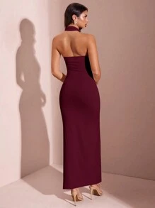 SHEIN BAE Váy xẻ cao cổ chữ V màu mơ có trang trí nơ xếp ly phía trước, cho mùa hè - Màu Đỏ Sâu - Xem 2