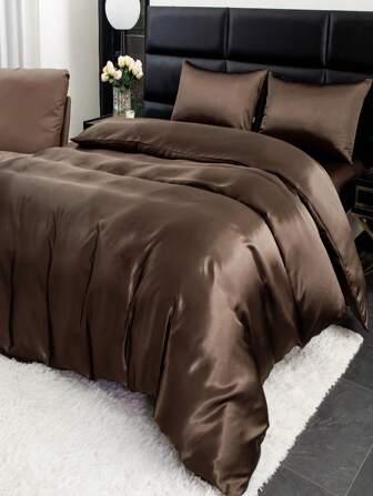 3pcs100% Polyester Satin Bedroom Solid Color Satin Quilt Cover Set Three Pieces Set, Breathable And Silky, Soft And Comfortable, Including 1 Quilt Cover And 2 Pillowcases - Shrink-Proof, All Seasons, Zipper Closure, Home Bedroom Fabric,Fall Decor,Autumn Decor,Room Decor