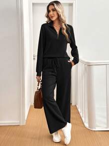 SHEIN LUNE 2 件套女士休闲拉链纹理长袖套装，舒适秋冬季 - 黑色 - 查看 3