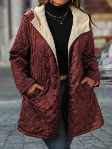 SHEIN LUNE Plus Size Zip Front Quilted Chuck On Liner Long Sleeve Minimalist Hooded Borg Fleece Mid Length Jacket For Winter Clothes Casual Daily Wear For New Year Clothes - Red - View 5