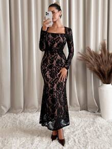 SHEIN Clasi 女式全蕾丝长袖紧身迷你连衣裙，优雅圆领修身鸡尾酒会礼服，适合秋冬季