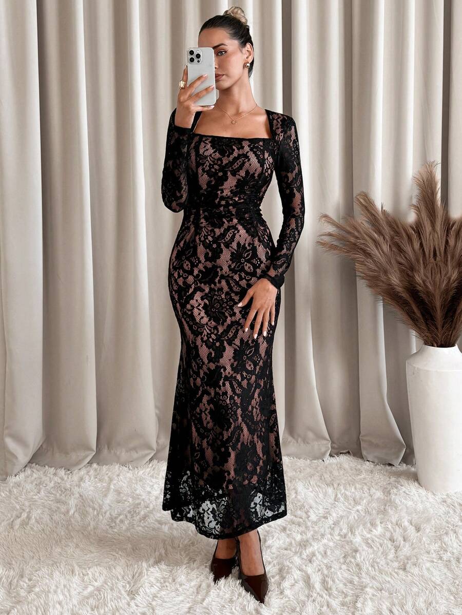 SHEIN Clasi 女式全蕾丝长袖紧身迷你连衣裙，优雅圆领修身鸡尾酒会礼服，适合秋冬季