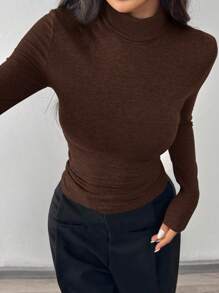 SHEIN EZwear Women Autumn Minimalist Solid Color Ruched Slim Fit T-Shirt - Brown - View 4