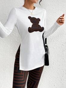 SHEIN Essnce Women Casual 2pcs Women's Casual Bear Print Side Slit Long Sleeve Top & Geometric Print Leggings Set Fall Sets , Fall Women Clothes - Brown - View 5