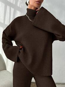 EURMUSE Women Solid Color Turtleneck Long Sleeve Top And Pants Casual Set - Chocolate Brown - View 2