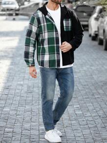 Manfinity Homme Men Plus Size Plaid Print Splice Front Button Long Sleeve Pocket Casual Corduroy Panel Shacket, Fall - Multicolor - View 4