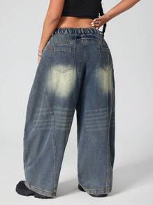 SHEIN ICON Quần Jeans Boyfriend Rộng Rãi, Cỡ Lớn, Thường Ngày, Có Dây Đeo, Giặt Sạch, Rộng Rãi, Baggy - Màu xanh lam - Xem 2