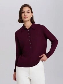 Women Solid Color Button Front Long Sleeve Casual Knit Polo Shirt - Burgundy - View 4