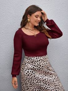 SHEIN Clasi 大码女式圆领灯笼袖纯色休闲毛衣，秋冬针织套头衫 - 酒紅色 - 查看 3