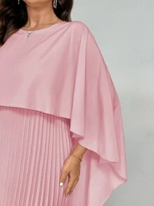 Elenzga 大码女式优雅浪漫纯色圆领荷叶边下摆连衣裙长款女装 - 粉色 - 查看 6